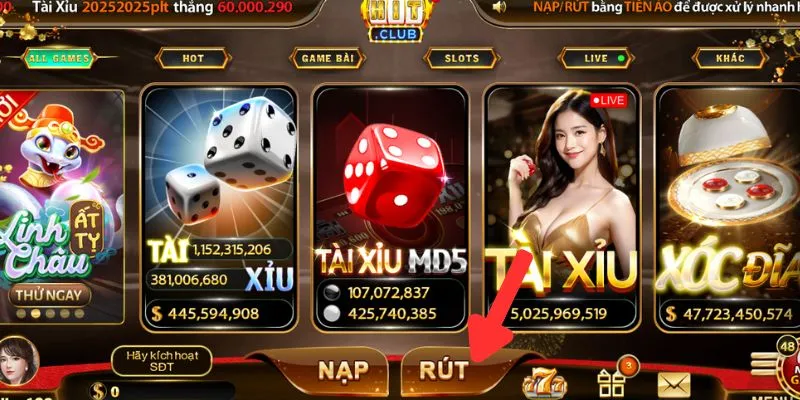 Chọn rút tiền để thực hiện giao dịch tại Hitclub