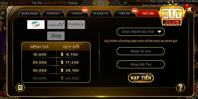 Phương thức nạp qua thẻ cào nếu không sử dung ví điện tử