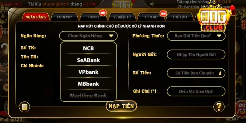 Thông tin cần nhập khi giao dịch nạp tiền Hitclub qua ngân hàng