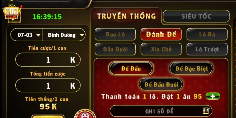 Giao diện cược lô đề trong XSMN tại HitClub