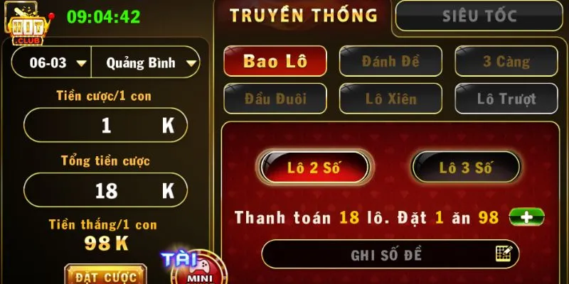 Giao diện cược lô đề XS tại cổng game HitClub
